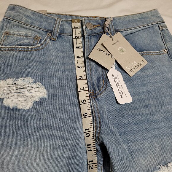 New High Rise Straight Leg Distressed Jeans Slim Fit Recycled Repreve Raw Hem 26 - Picture 6 of 10